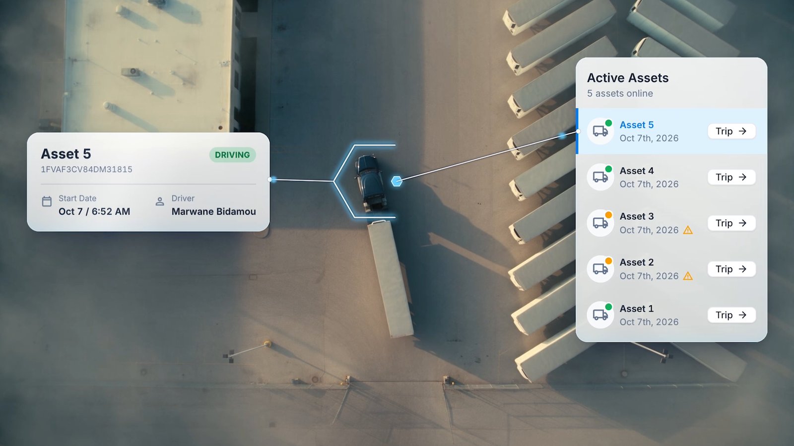 The Active Assets list beside a truck and its trip card