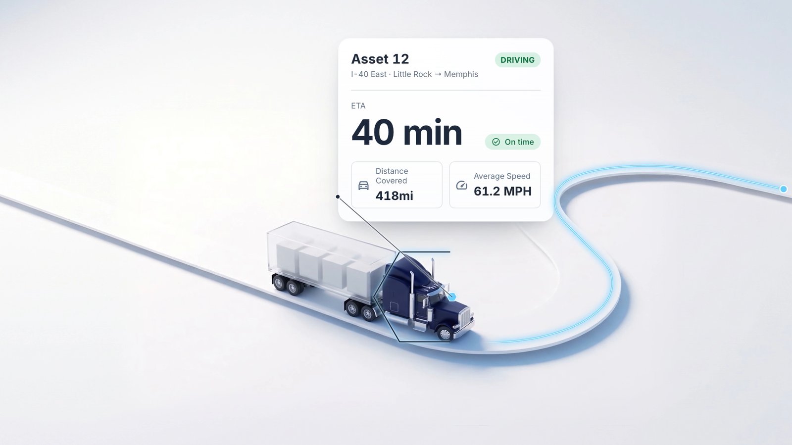 A navy truck on a glowing route with its live ETA card