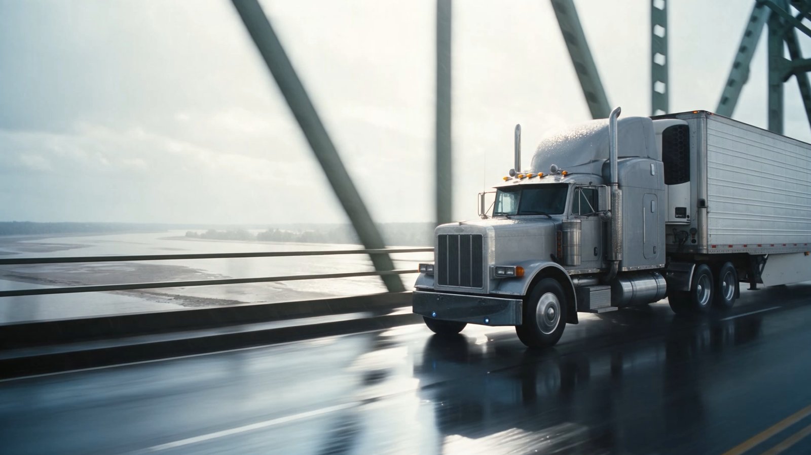 A white semi truck crossing a steel bridge in morning light