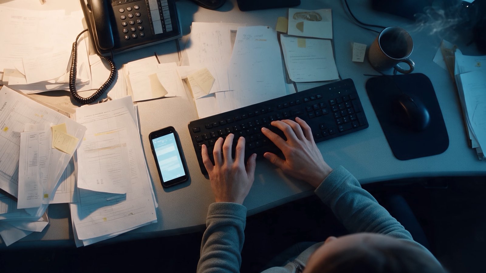 From above: the dispatcher's desk covered in printouts and sticky notes, phone beside the keyboard