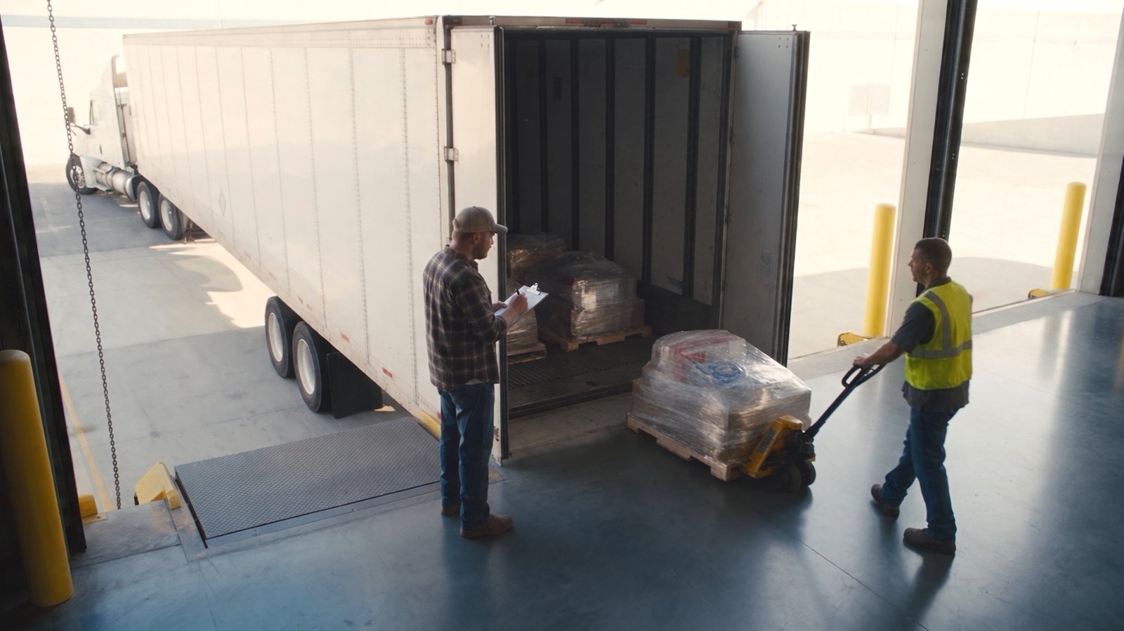 A driver checks the paperwork while a pallet comes off the trailer at the dock door