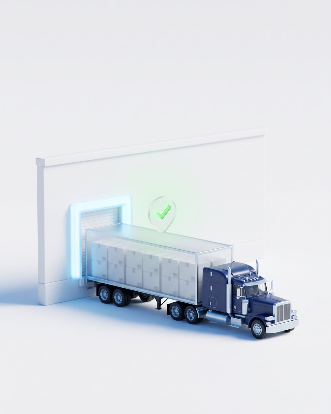 A navy truck with a glass trailer backed into a glowing dock door, a check-mark pin above it