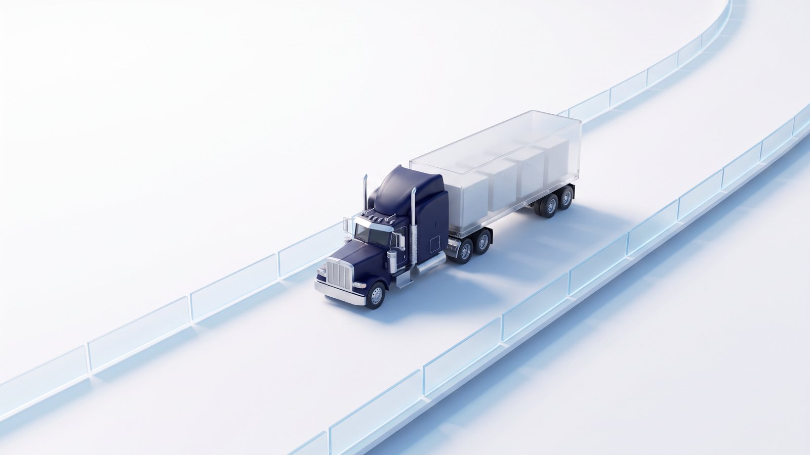 A navy truck with a glass trailer driving between frosted glass guardrails