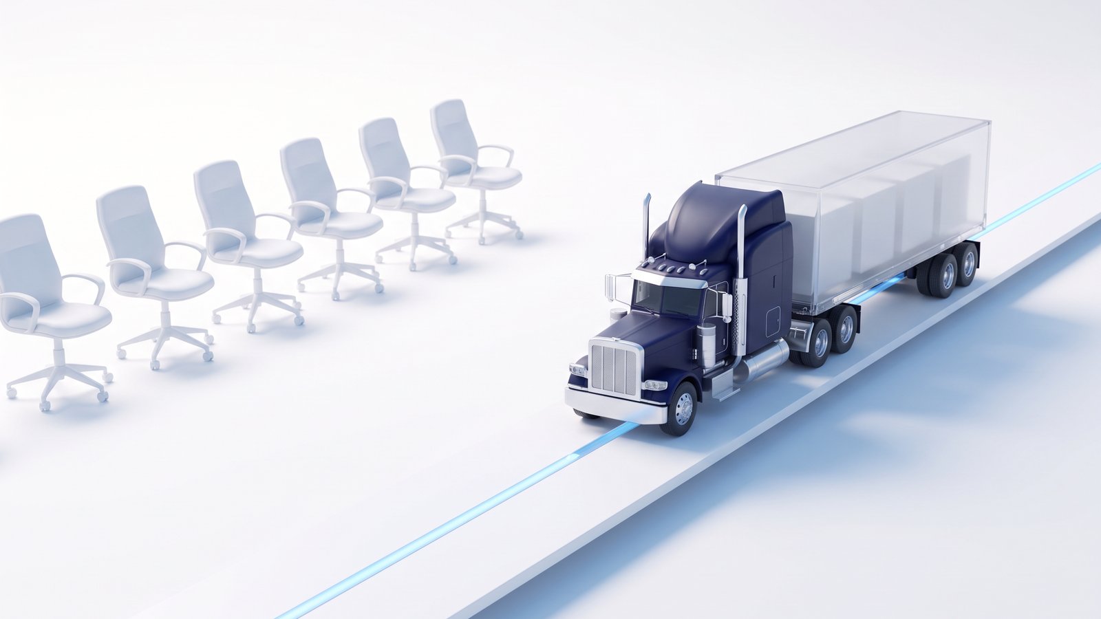 A navy truck on a glowing route beside a row of empty office chairs