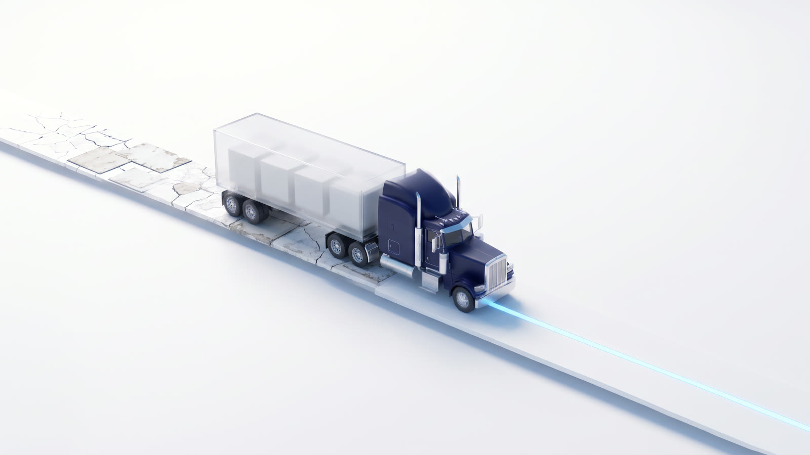 A navy truck rolling off a cracked, patched road onto a smooth one with a glowing blue center line