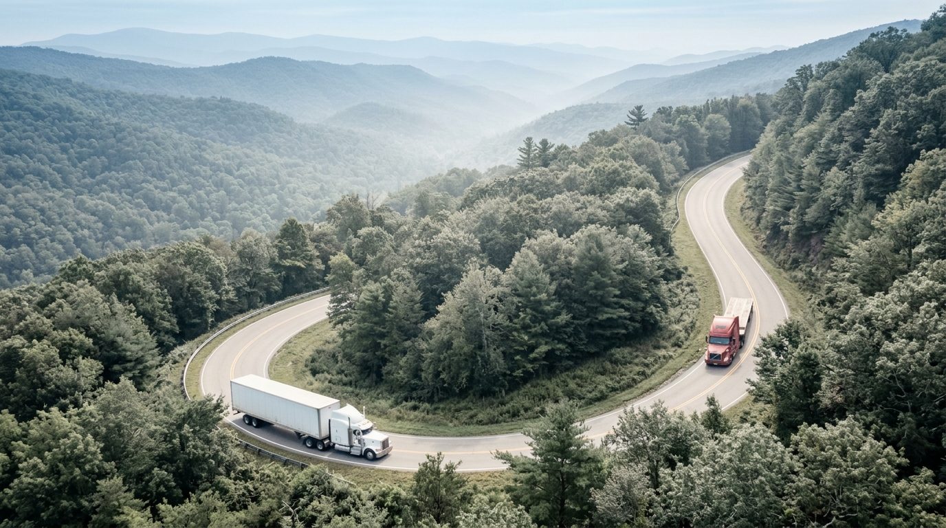Two trucks on a forested mountain switchback, one white and one red, rounding the bend in opposite directions